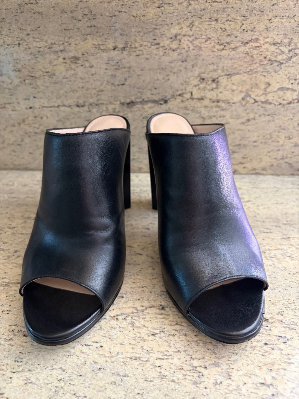 FRENCH CONNECTION BLACK LEATHER BLOCK HEELS MULES EU38.5 US7.5M